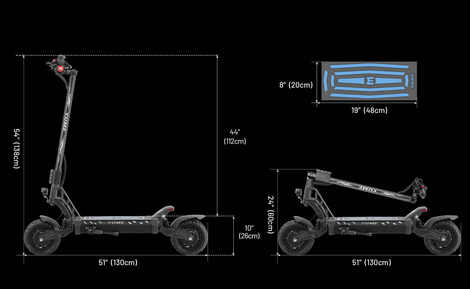 YUME Hawk electric scooter unfolded dimensions diagram