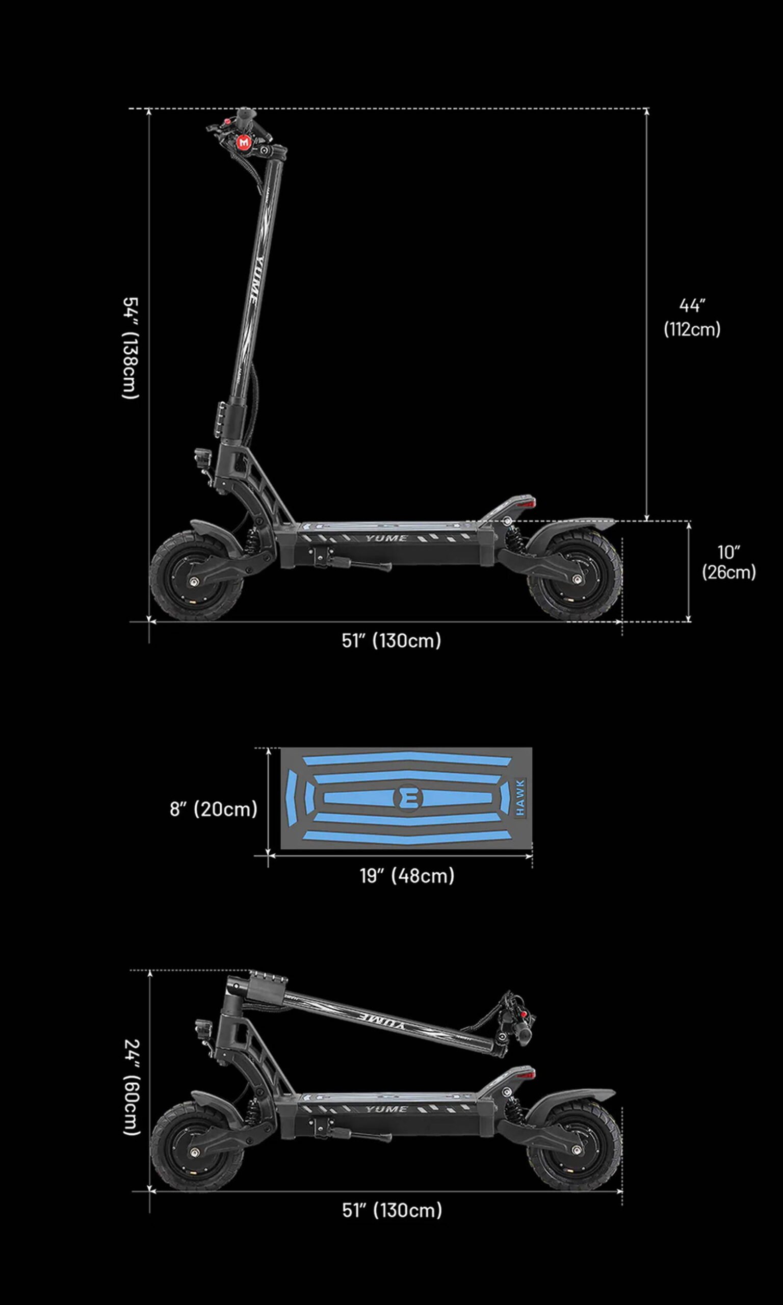 YUME Hawk electric scooter folded dimensions diagram