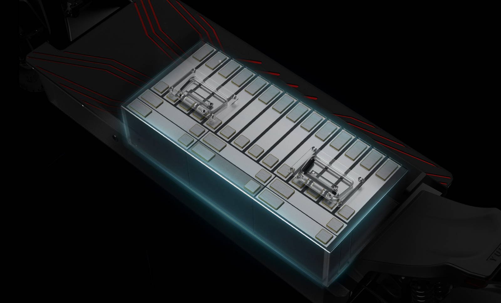 YUME Predator electric scooter water-cooling line and deck heat-sink fins