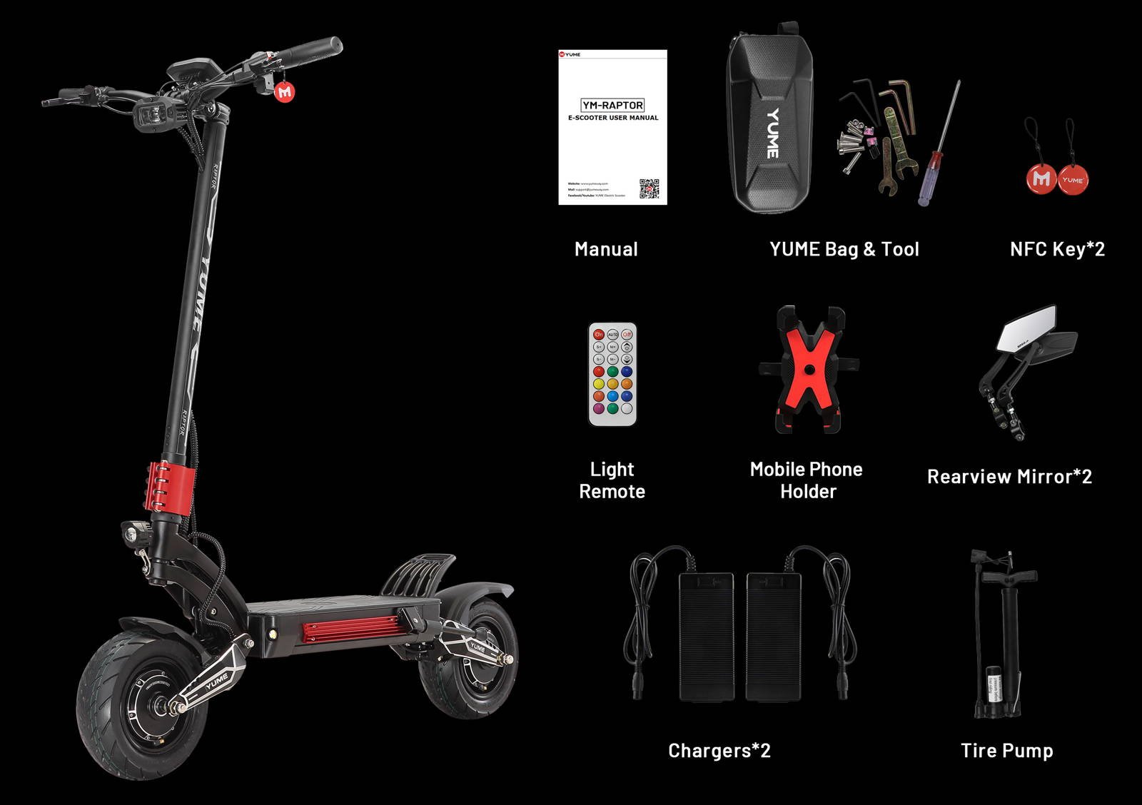 Everything included with the YUME Raptor electric scooter