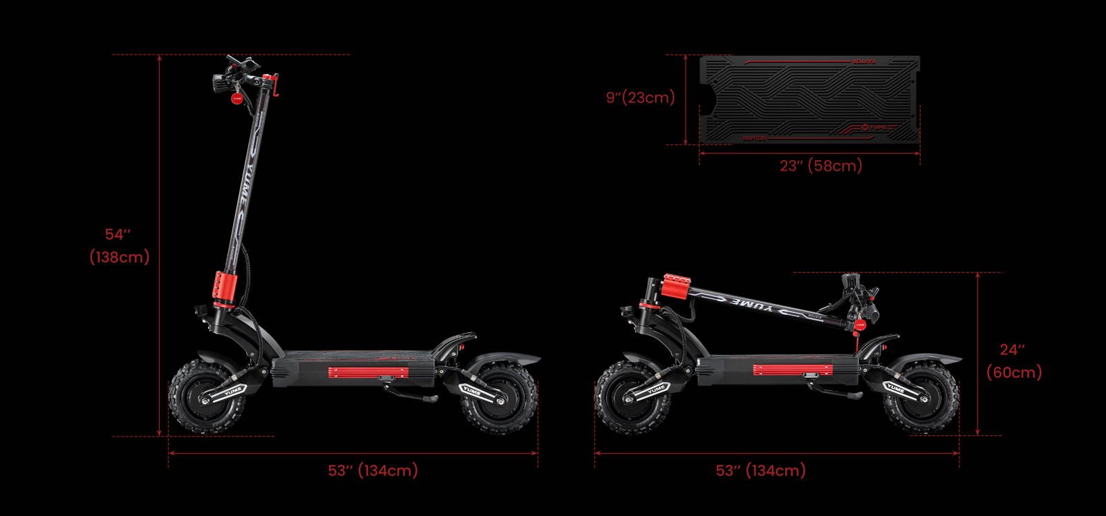 YUME Raptor2 electric scooter unfolded dimensions diagram