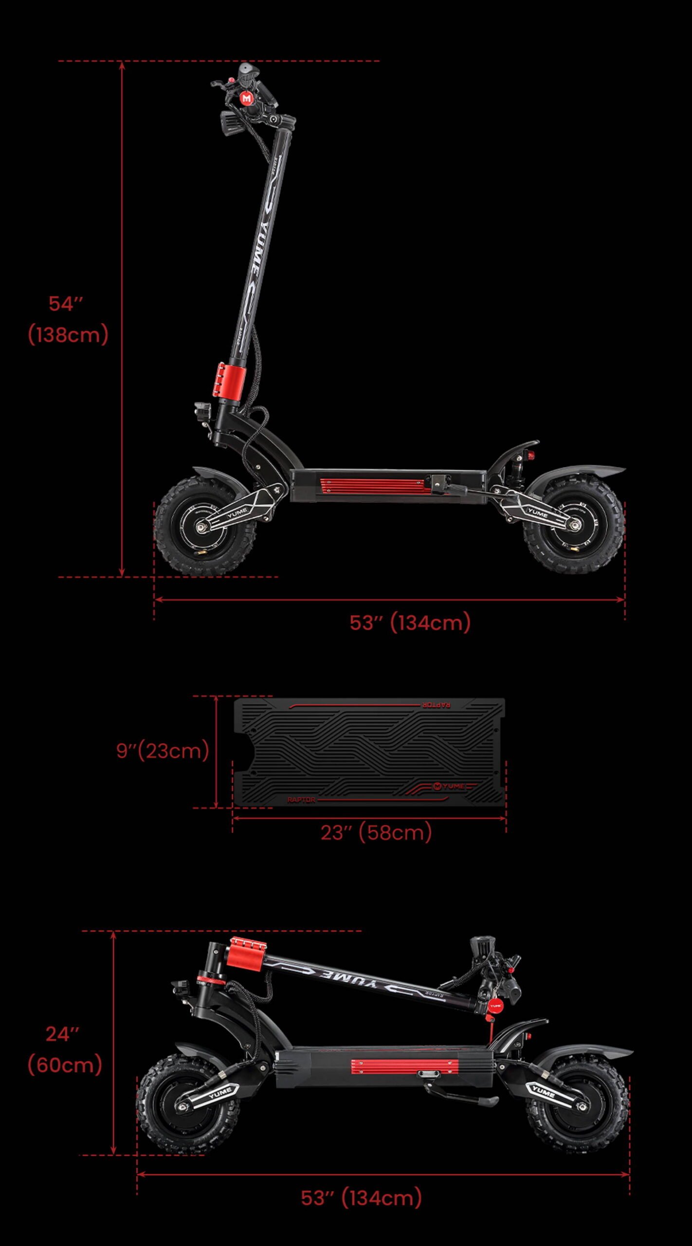 YUME Raptor2 electric scooter folded dimensions diagram
