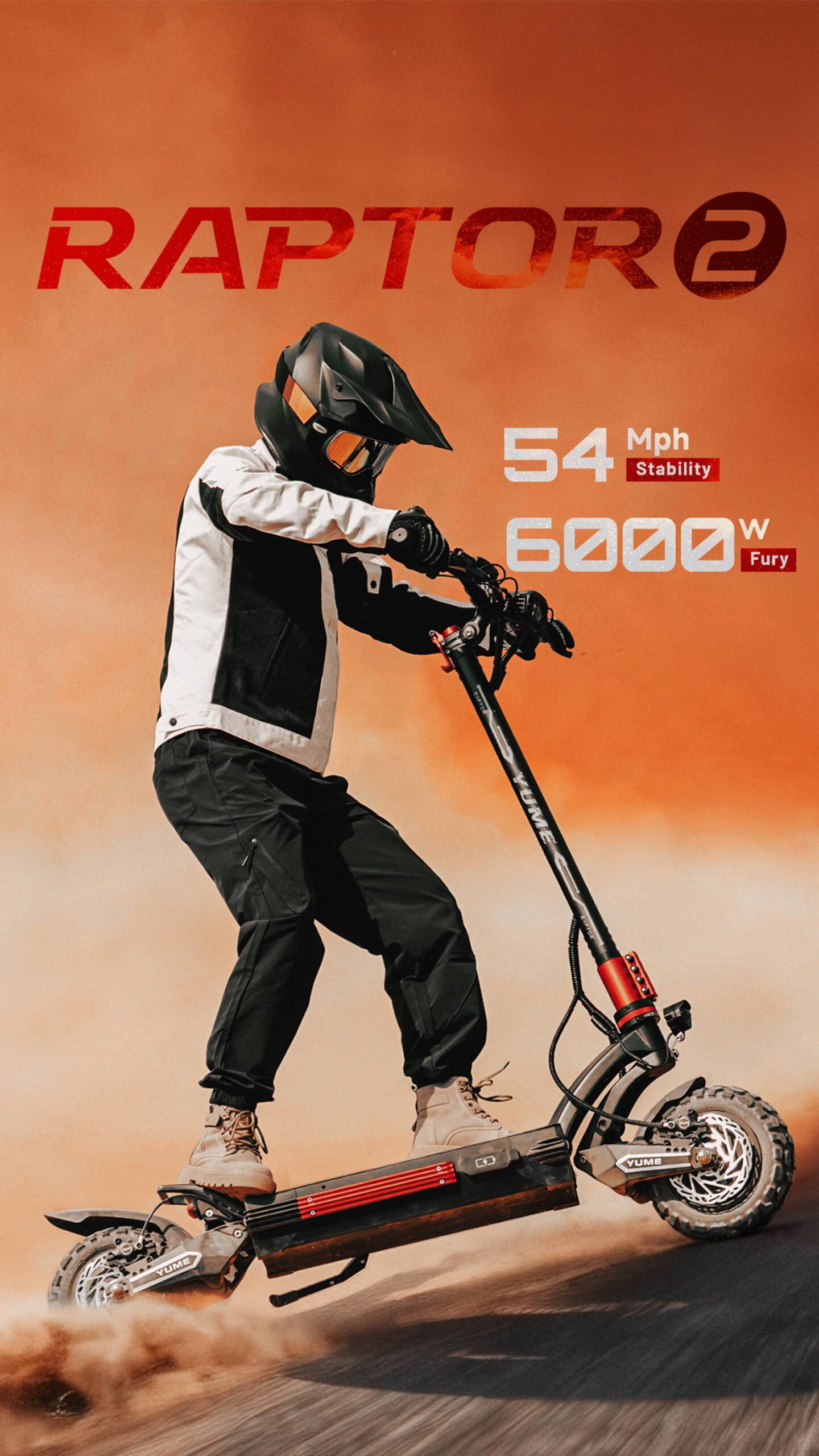 YUME Raptor2 electric scooter at speed on an open road