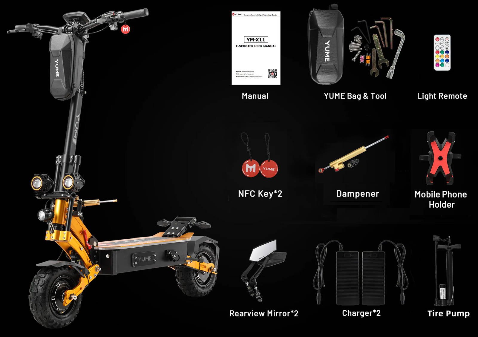 Everything included with the YUME X11+ electric scooter laid out
