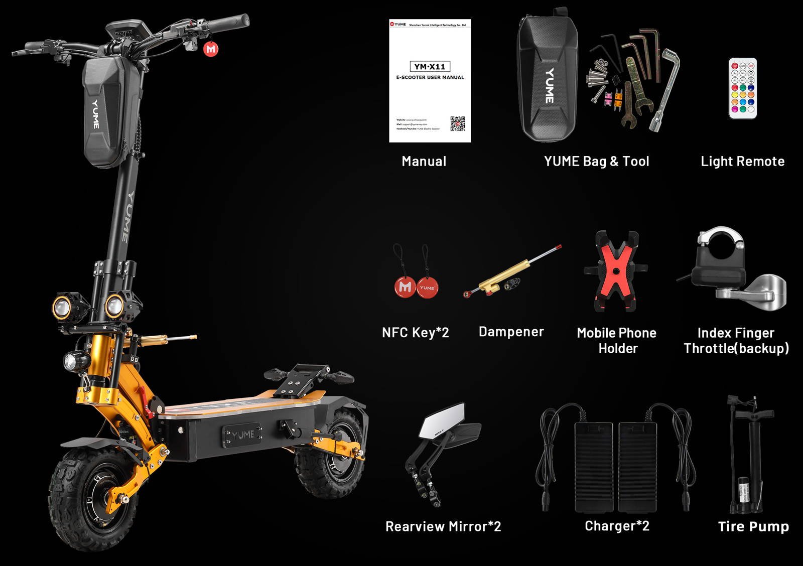 YUME X11+ electric scooter accessories: NFC keys, remote, mirrors and pump